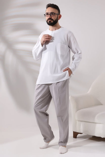 White Men's Relaxed Fit 3-Button Crew Neck Hajj and Umrah Shile Fabric Shirt - ihvan