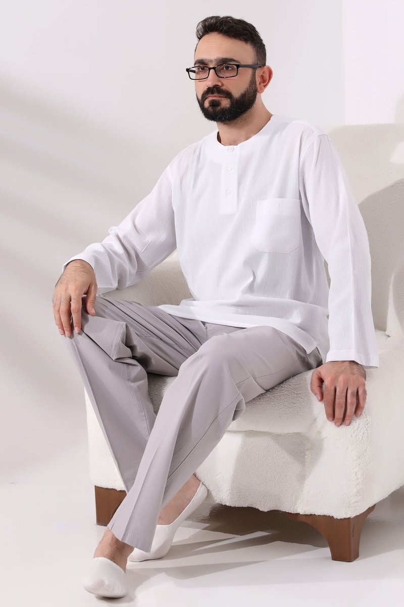 White Men's Relaxed Fit 3-Button Crew Neck Hajj and Umrah Shile Fabric Shirt - ihvan