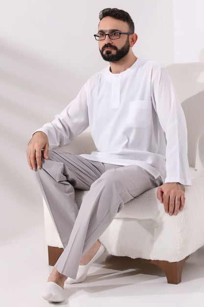 White Men's Relaxed Fit 3-Button Crew Neck Hajj and Umrah Shile Fabric Shirt - ihvan