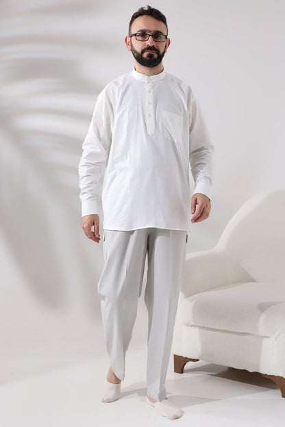 White Men's Relaxed Fit 3-Button Mandarin Collar Hajj and Umrah Linen Shirt - ihvan