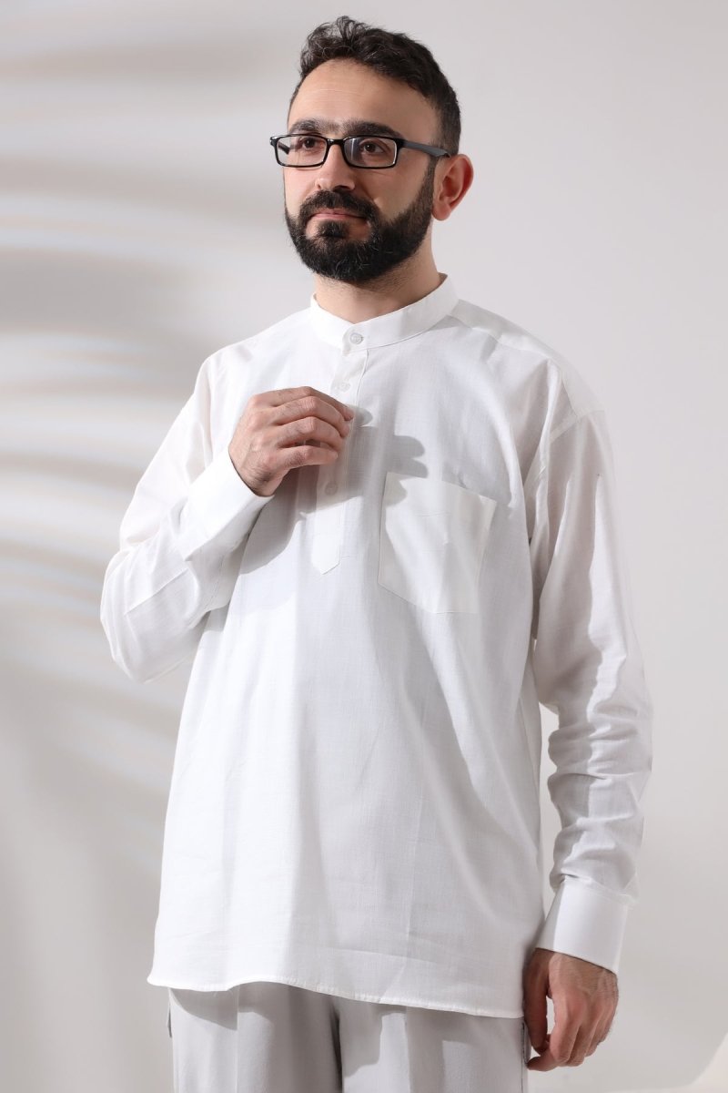 White Men's Relaxed Fit 3-Button Mandarin Collar Hajj and Umrah Linen Shirt - ihvan