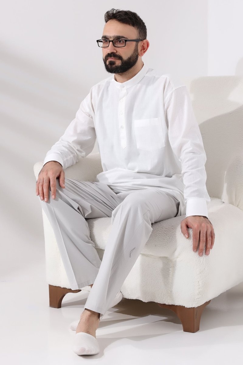 White Men's Relaxed Fit 3-Button Mandarin Collar Hajj and Umrah Linen Shirt - ihvan