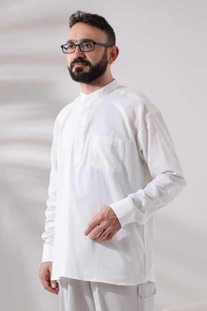 White Men's Relaxed Fit 3-Button Mandarin Collar Hajj and Umrah Linen Shirt - ihvan