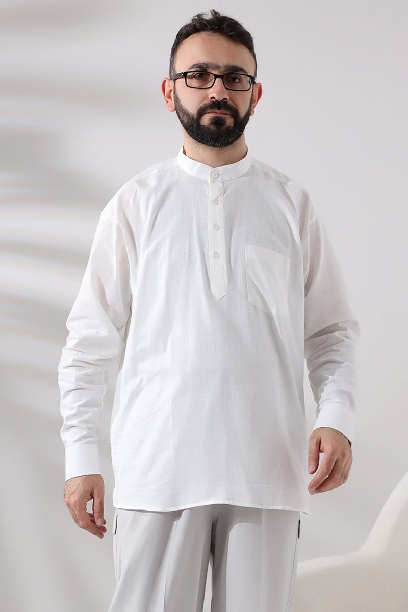 White Men's Relaxed Fit 3-Button Mandarin Collar Hajj and Umrah Linen Shirt - ihvan