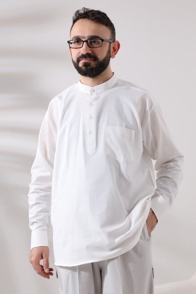 White Men's Relaxed Fit 3-Button Mandarin Collar Hajj and Umrah Linen Shirt - ihvan