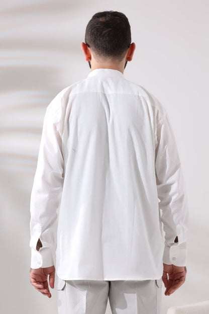 White Men's Relaxed Fit 3-Button Mandarin Collar Hajj and Umrah Linen Shirt - ihvan