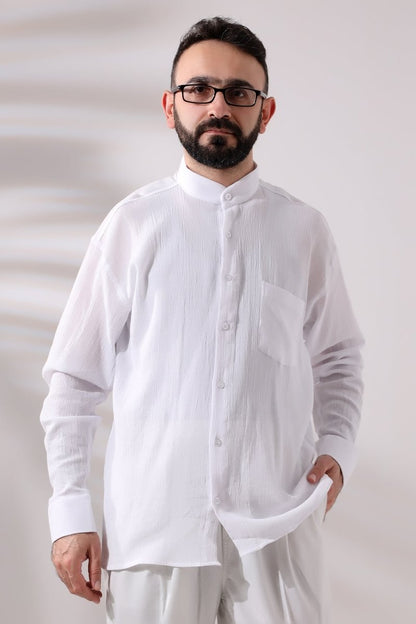 White Men's Relaxed Fit Mandarin Collar Shile Fabric Hajj and Umrah Shirt - ihvan