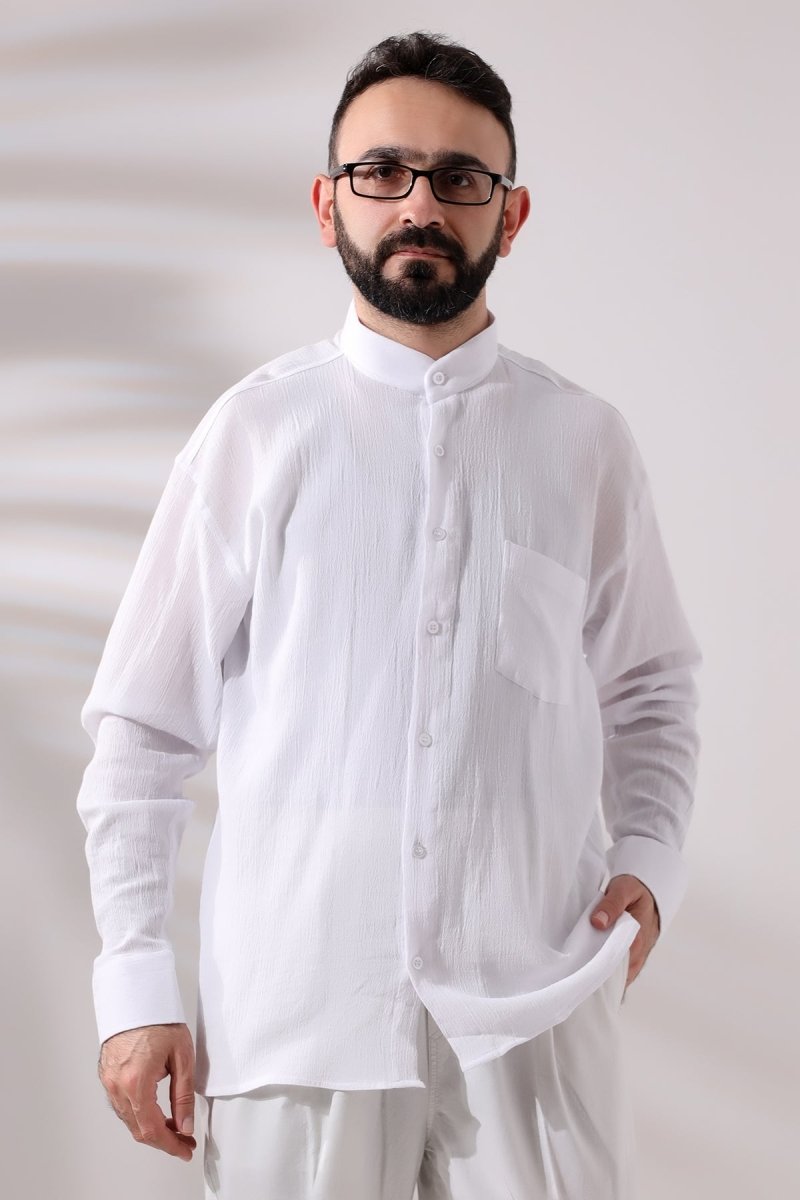 White Men's Relaxed Fit Mandarin Collar Shile Fabric Hajj and Umrah Shirt - ihvan