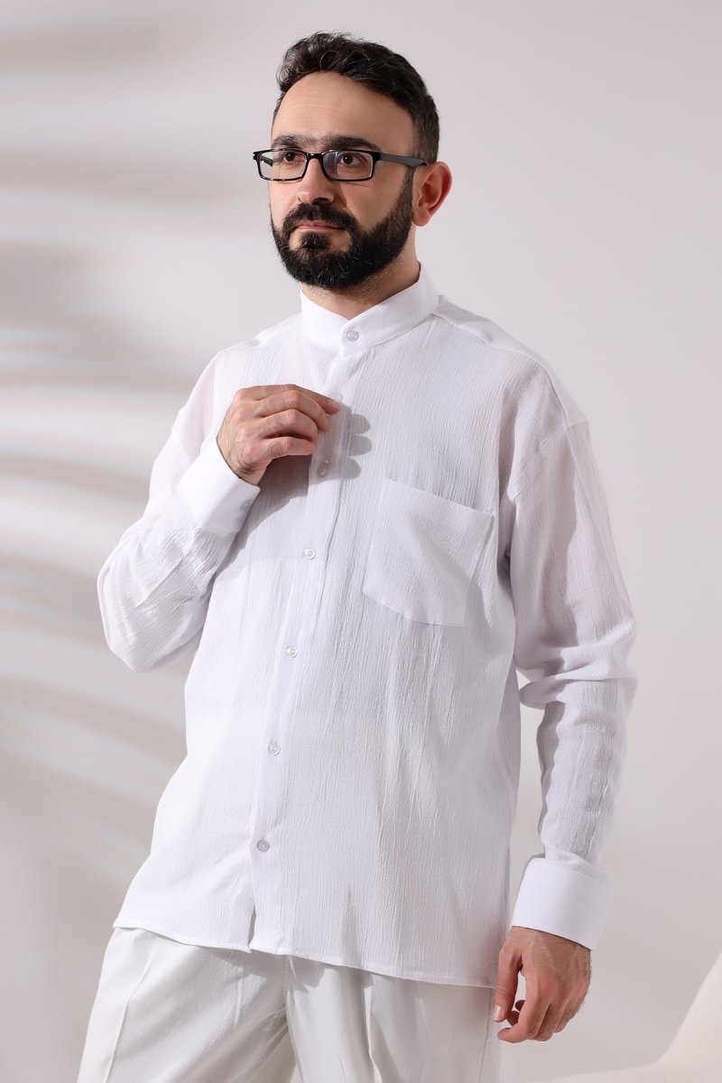 White Men's Relaxed Fit Mandarin Collar Shile Fabric Hajj and Umrah Shirt - ihvan