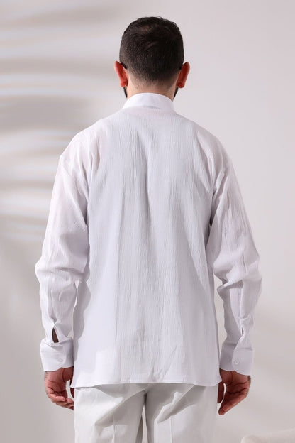 White Men's Relaxed Fit Mandarin Collar Shile Fabric Hajj and Umrah Shirt - ihvan