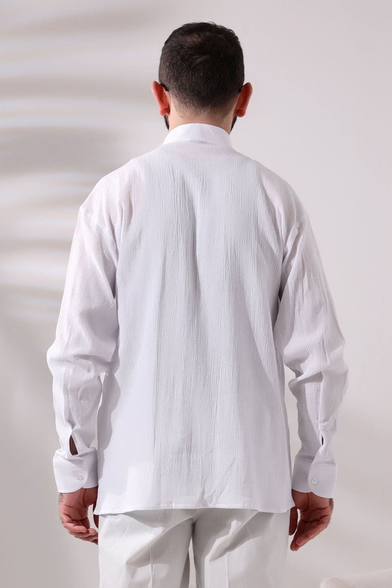 White Men's Relaxed Fit Mandarin Collar Shile Fabric Hajj and Umrah Shirt - ihvan