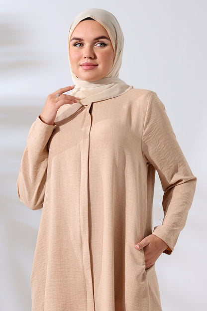 Women's Beige Melange Linen-Look Two-Piece Set with Hidden Zipper for Hajj and Umrah (Pilgrimage) - ihvan