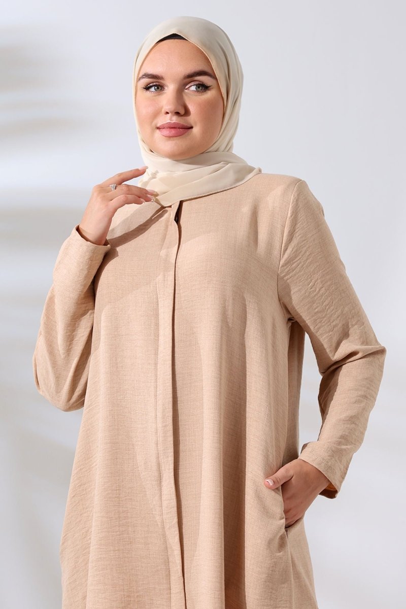 Women's Beige Melange Linen-Look Two-Piece Set with Hidden Zipper for Hajj and Umrah (Pilgrimage) - ihvan