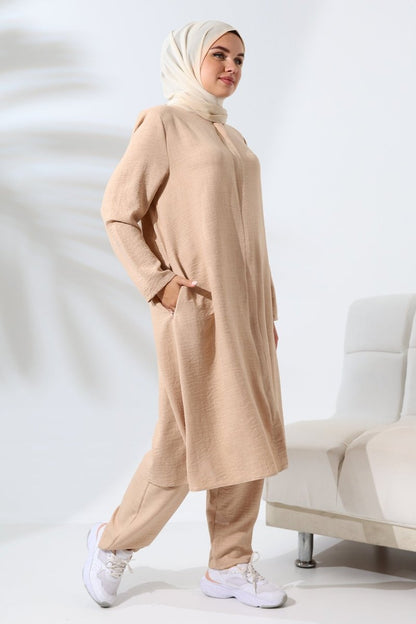 Women's Beige Melange Linen-Look Two-Piece Set with Hidden Zipper for Hajj and Umrah (Pilgrimage) - ihvan