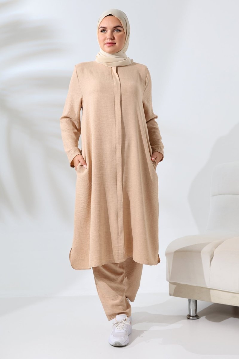 Women's Beige Melange Linen-Look Two-Piece Set with Hidden Zipper for Hajj and Umrah (Pilgrimage) - ihvan
