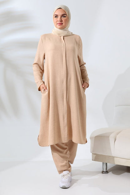 Women's Beige Melange Linen-Look Two-Piece Set with Hidden Zipper for Hajj and Umrah (Pilgrimage) - ihvan