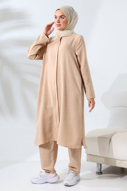Women's Beige Melange Linen-Look Two-Piece Set with Hidden Zipper for Hajj and Umrah (Pilgrimage) - ihvan