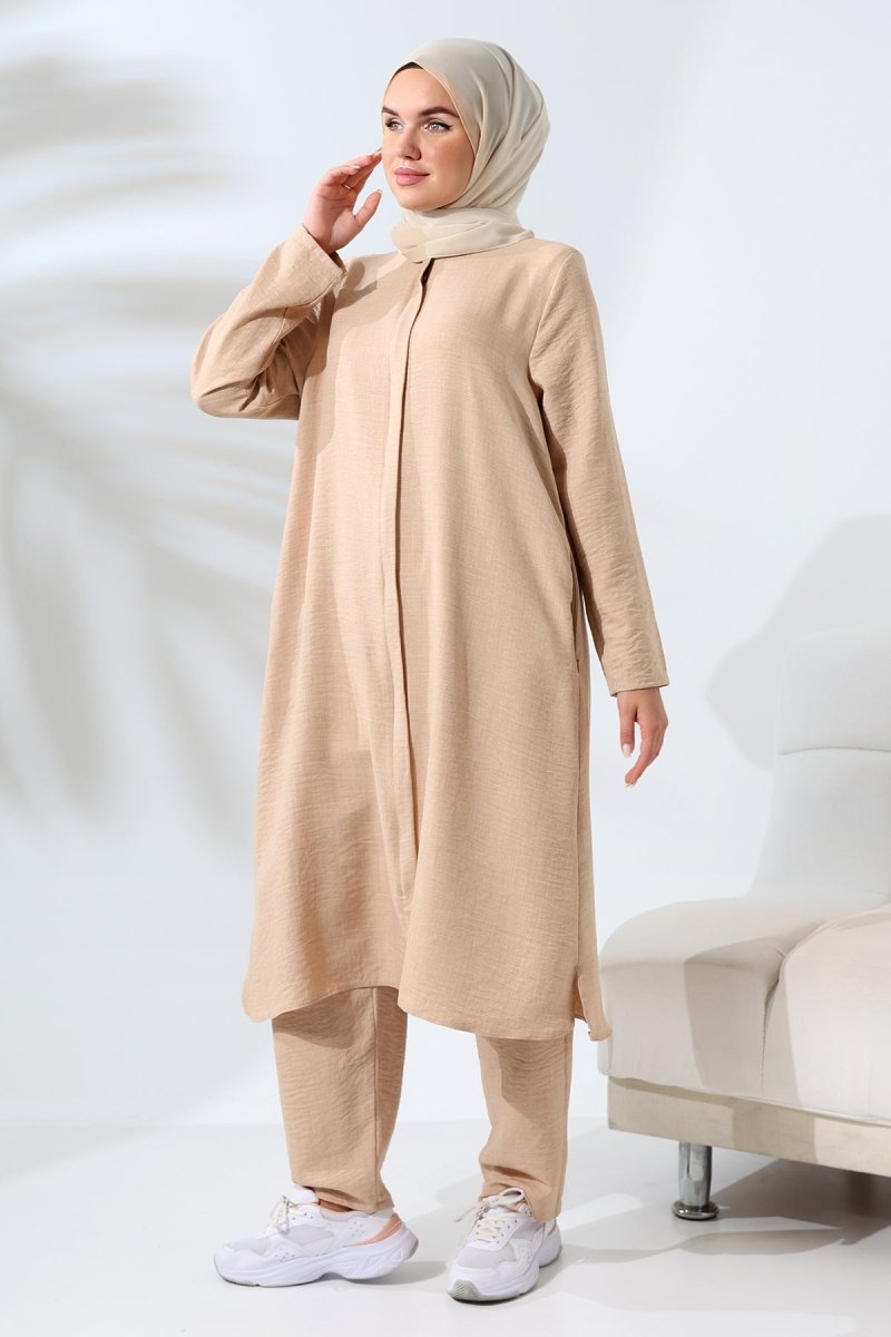 Women's Beige Melange Linen-Look Two-Piece Set with Hidden Zipper for Hajj and Umrah (Pilgrimage) - ihvan