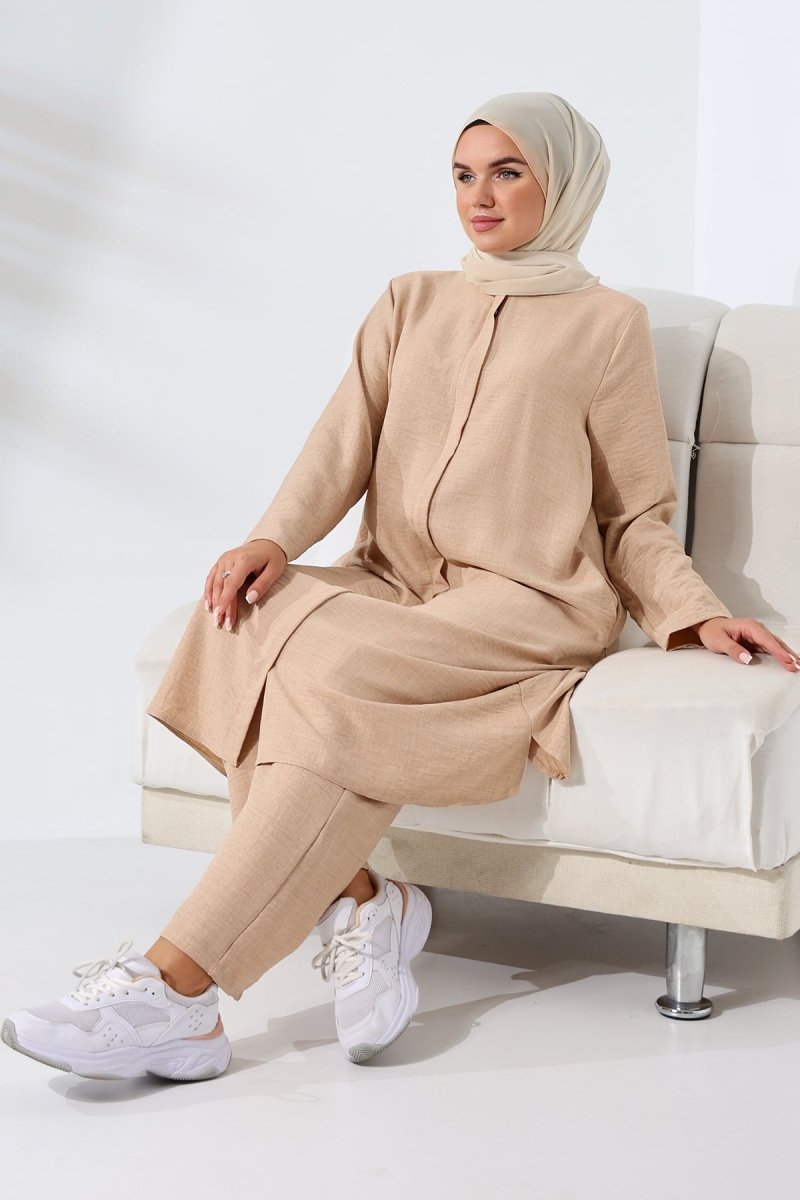 Women's Beige Melange Linen-Look Two-Piece Set with Hidden Zipper for Hajj and Umrah (Pilgrimage) - ihvan