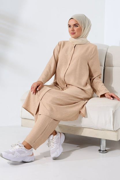 Women's Beige Melange Linen-Look Two-Piece Set with Hidden Zipper for Hajj and Umrah (Pilgrimage) - ihvan