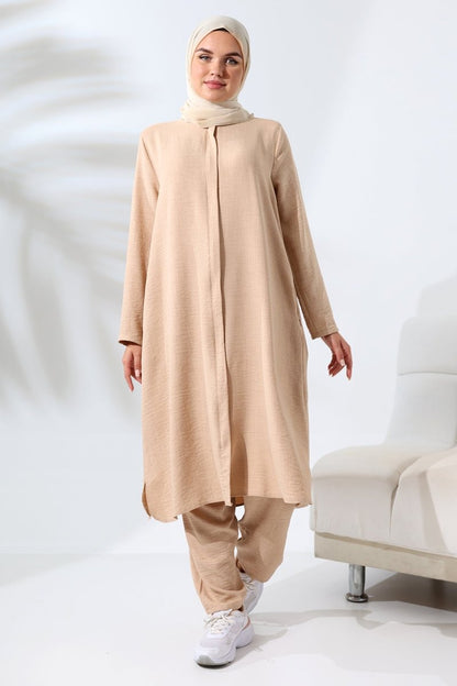 Women's Beige Melange Linen-Look Two-Piece Set with Hidden Zipper for Hajj and Umrah (Pilgrimage) - ihvan