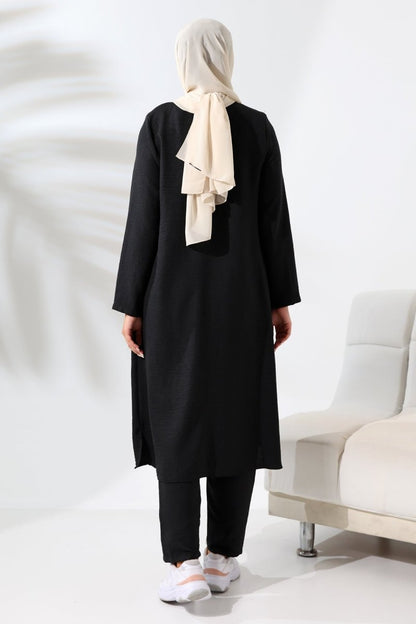Women's Black Melange Linen-Look Two-Piece Set with Hidden Zipper, Hajj and Umrah Modest Clothing. - ihvan