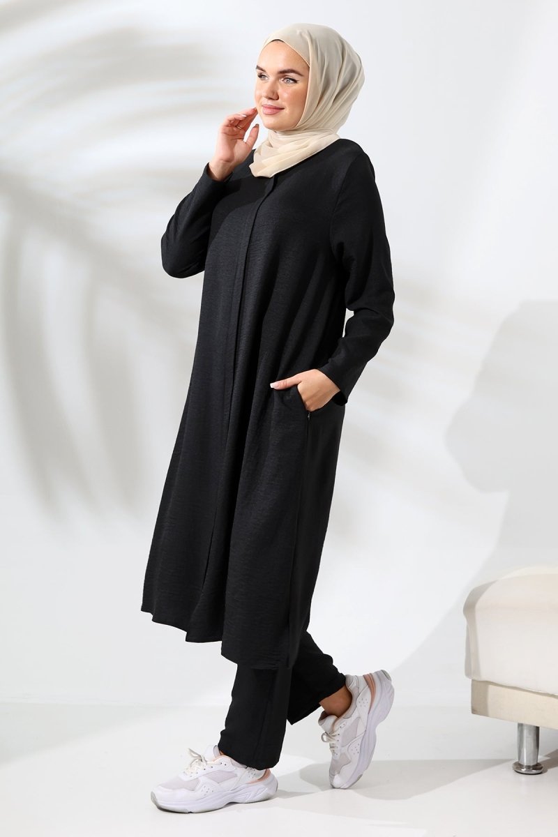Women's Black Melange Linen-Look Two-Piece Set with Hidden Zipper, Hajj and Umrah Modest Clothing. - ihvan