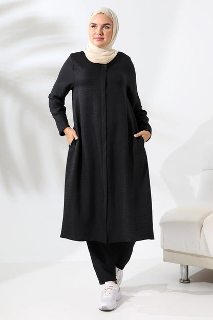 Women's Black Melange Linen-Look Two-Piece Set with Hidden Zipper, Hajj and Umrah Modest Clothing. - ihvan