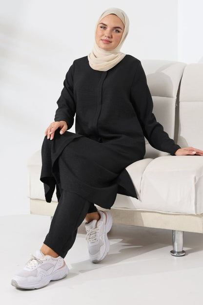 Women's Black Melange Linen-Look Two-Piece Set with Hidden Zipper, Hajj and Umrah Modest Clothing. - ihvan