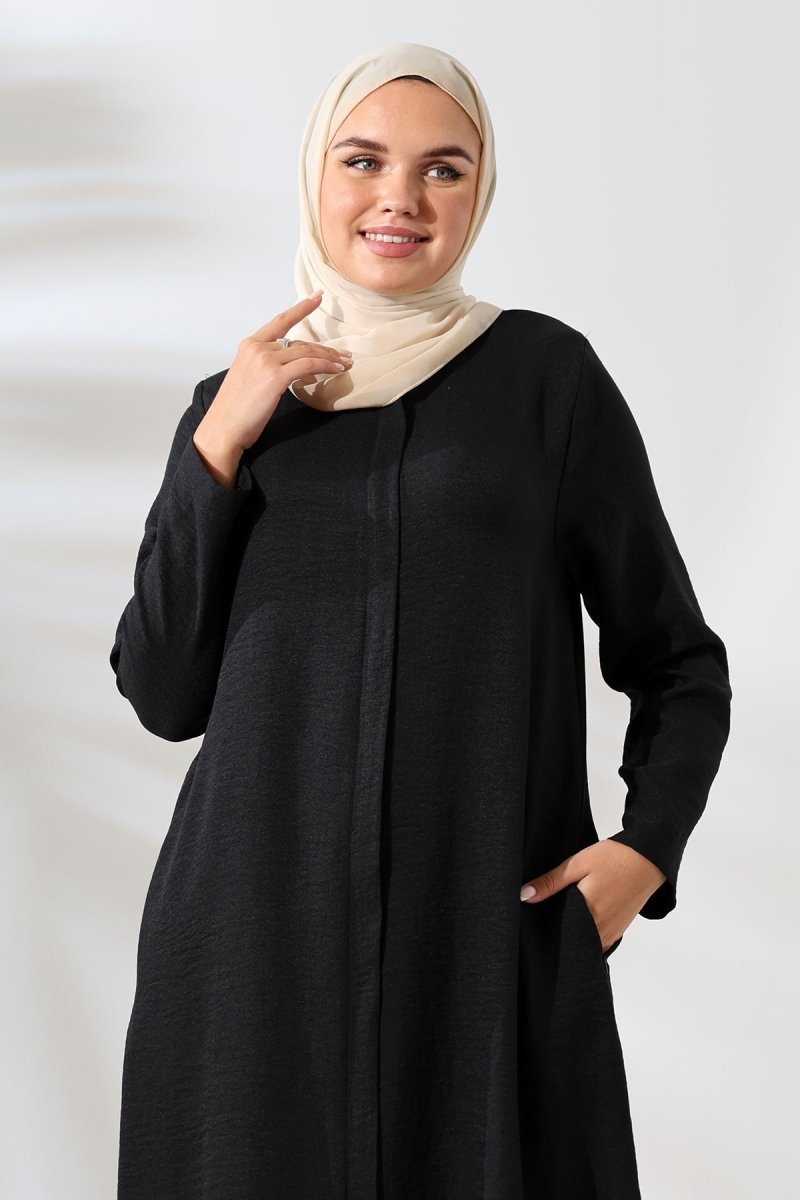 Women's Black Melange Linen-Look Two-Piece Set with Hidden Zipper, Hajj and Umrah Modest Clothing. - ihvan