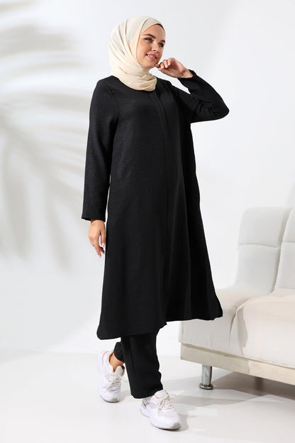 Women's Black Melange Linen-Look Two-Piece Set with Hidden Zipper, Hajj and Umrah Modest Clothing. - ihvan