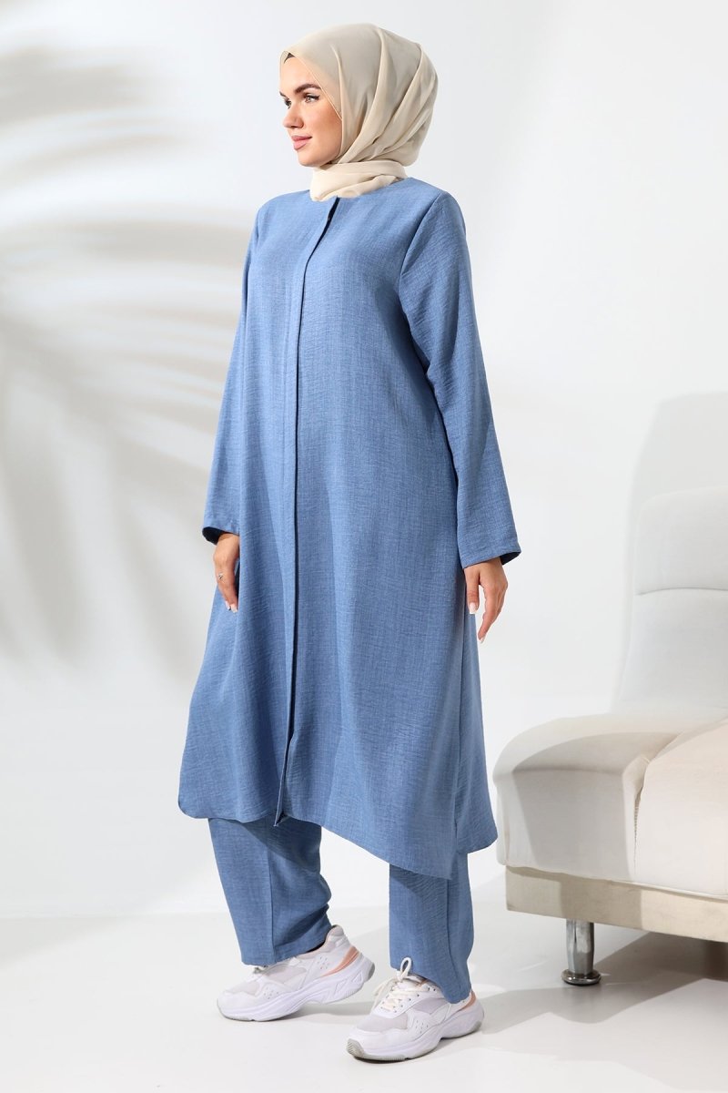 Women's Blue Melange Linen-Look Two-Piece Set with Hidden Zipper, Hajj and Umrah Modest Clothing. - ihvan