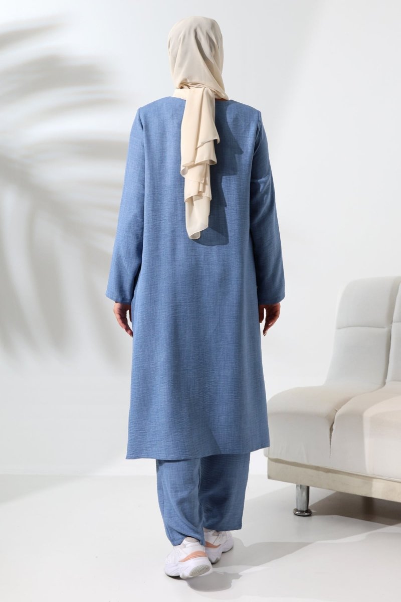 Women's Blue Melange Linen-Look Two-Piece Set with Hidden Zipper, Hajj and Umrah Modest Clothing. - ihvan