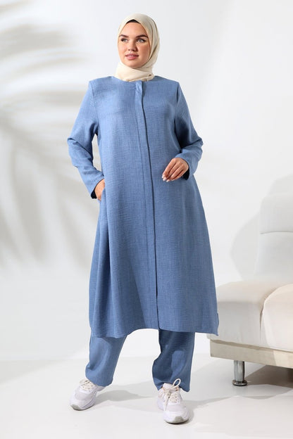 Women's Blue Melange Linen-Look Two-Piece Set with Hidden Zipper, Hajj and Umrah Modest Clothing. - ihvan