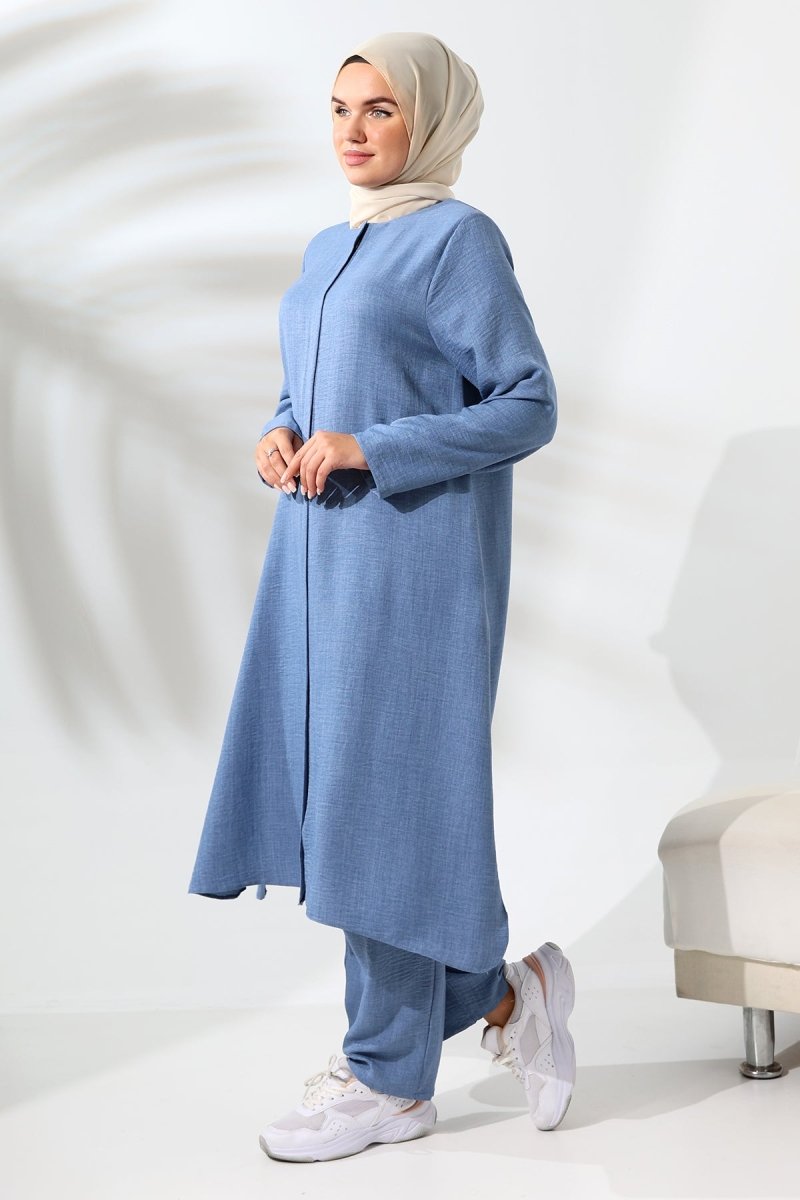 Women's Blue Melange Linen-Look Two-Piece Set with Hidden Zipper, Hajj and Umrah Modest Clothing. - ihvan