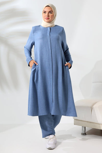 Women's Blue Melange Linen-Look Two-Piece Set with Hidden Zipper, Hajj and Umrah Modest Clothing. - ihvan