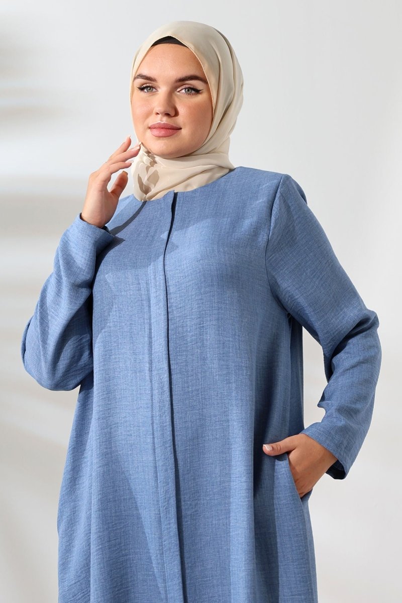 Women's Blue Melange Linen-Look Two-Piece Set with Hidden Zipper, Hajj and Umrah Modest Clothing. - ihvan
