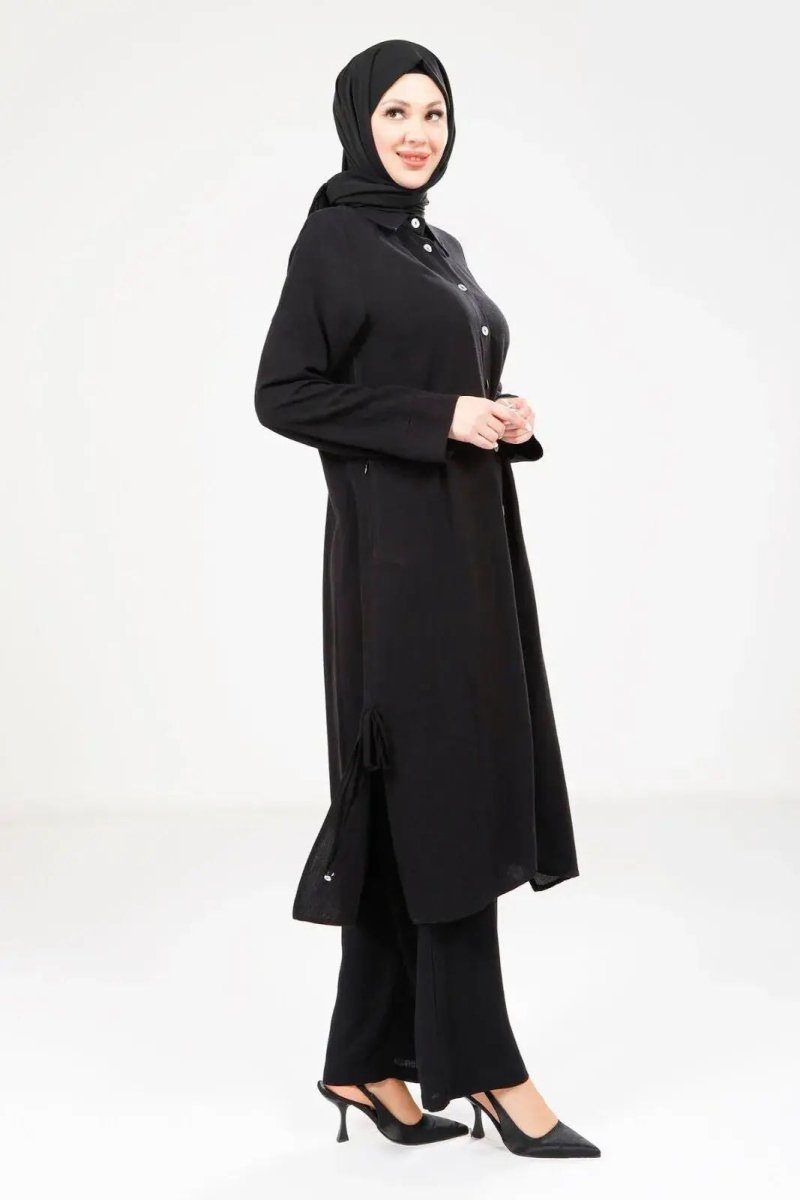 Women's Buttoned Two - Piece Hajj and Umrah Outfit, Black, 9281 - 25 - ihvan