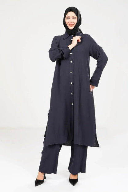 Women's Buttoned Two - Piece Hajj and Umrah Outfit, Navy Blue 9281 - 25 - ihvan
