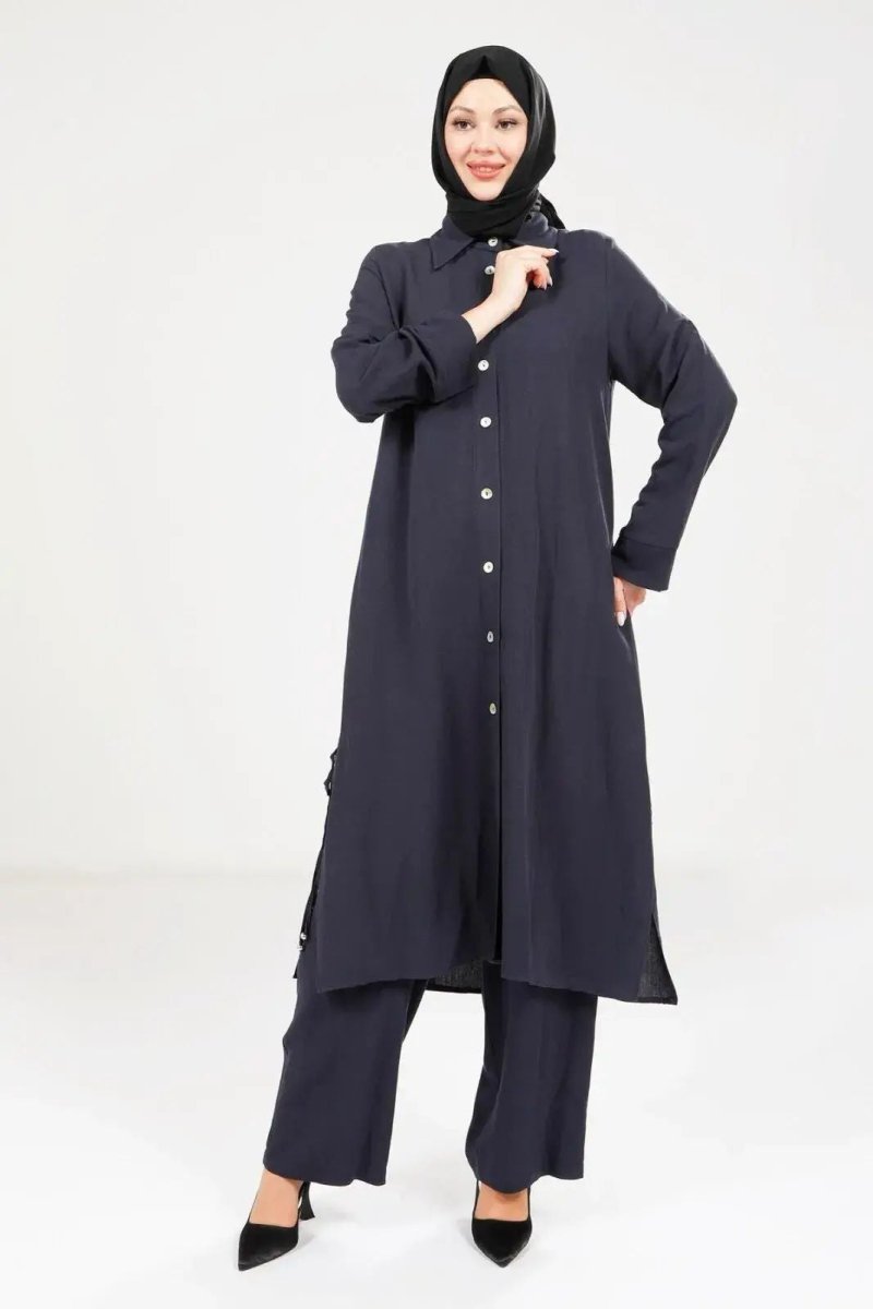 Women's Buttoned Two - Piece Hajj and Umrah Outfit, Navy Blue 9281 - 25 - ihvan