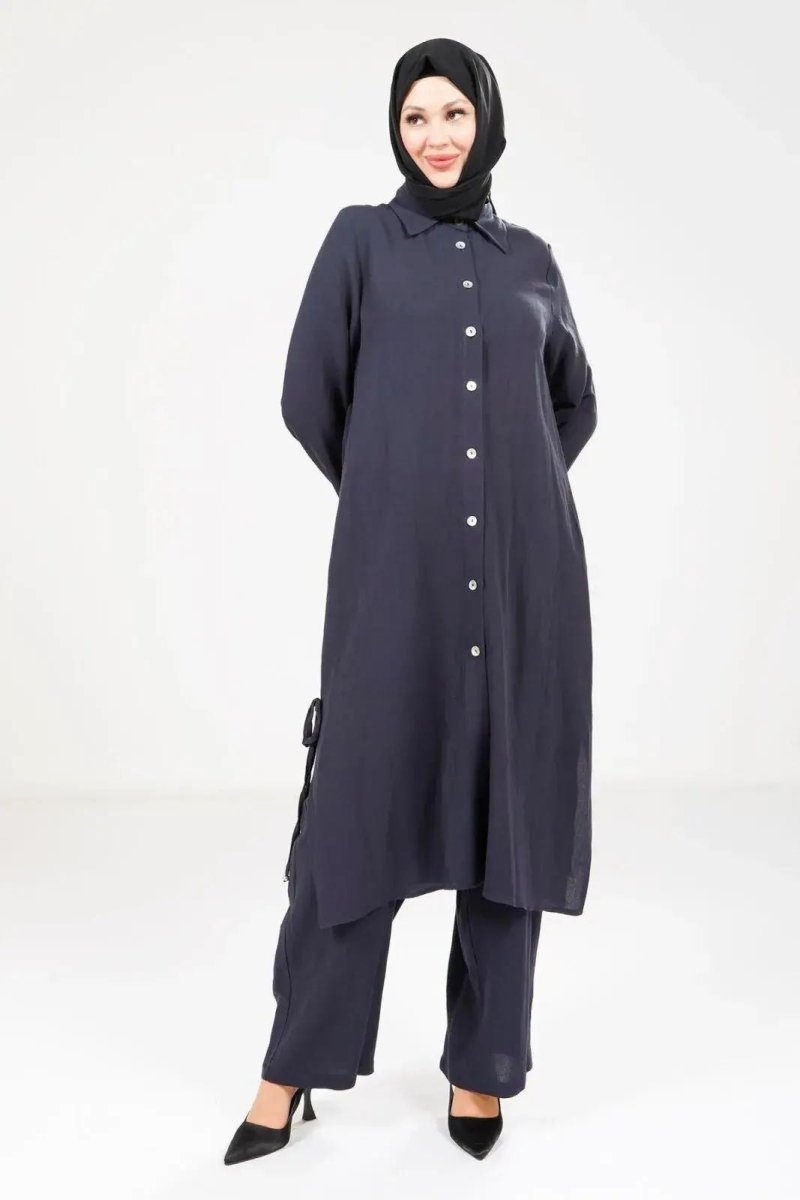 Women's Buttoned Two - Piece Hajj and Umrah Outfit, Navy Blue 9281 - 25 - ihvan