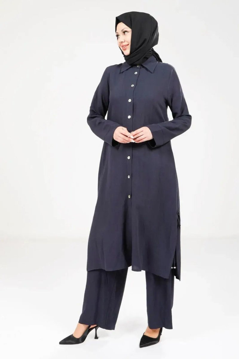 Women's Buttoned Two - Piece Hajj and Umrah Outfit, Navy Blue 9281 - 25 - ihvan