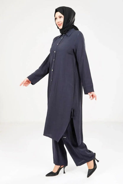 Women's Buttoned Two - Piece Hajj and Umrah Outfit, Navy Blue 9281 - 25 - ihvan