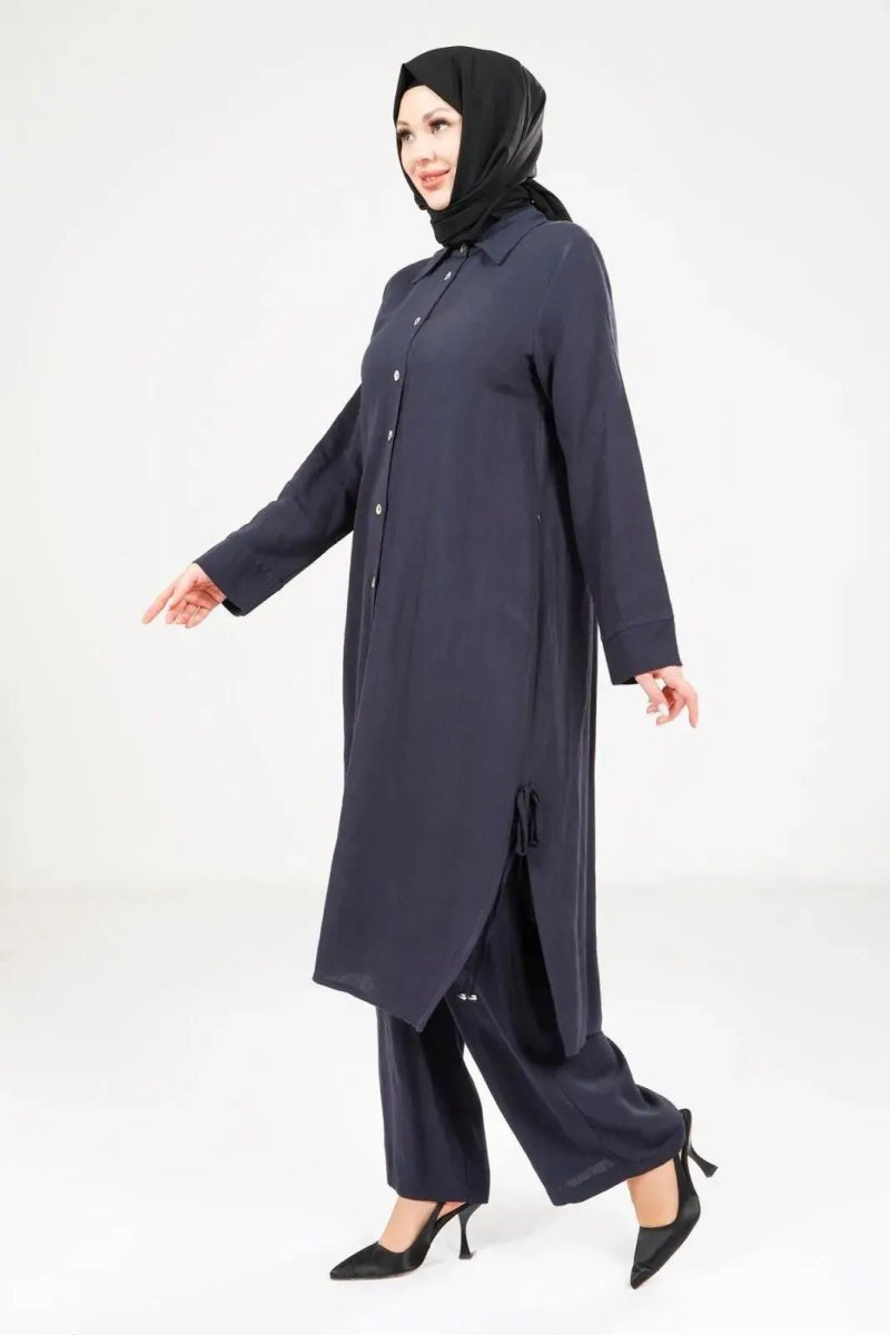 Women's Buttoned Two - Piece Hajj and Umrah Outfit, Navy Blue 9281 - 25 - ihvan