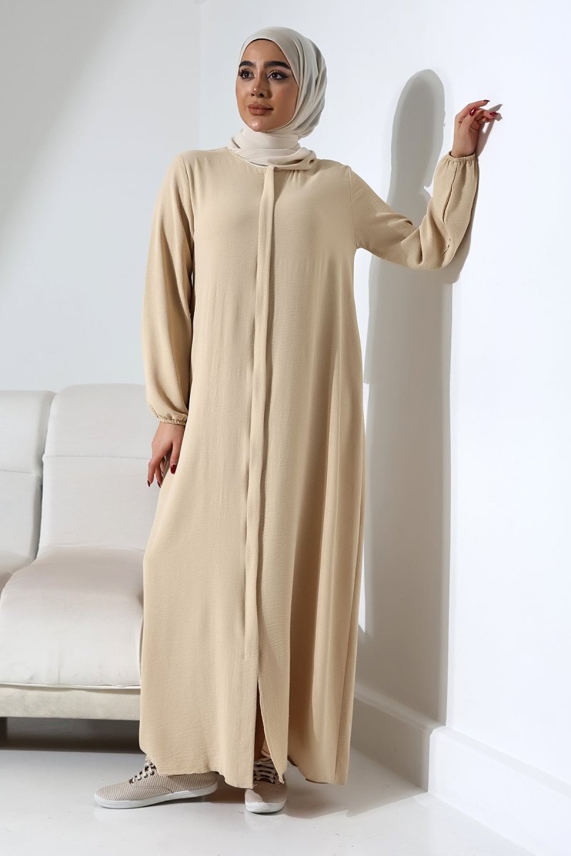 Women's Cream Aerobin Concealed Zipper Hajj & Umrah Outfit Modest Abaya - ihvan