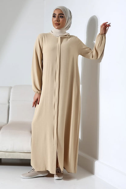 Women's Cream Aerobin Concealed Zipper Hajj & Umrah Outfit Modest Abaya - ihvan