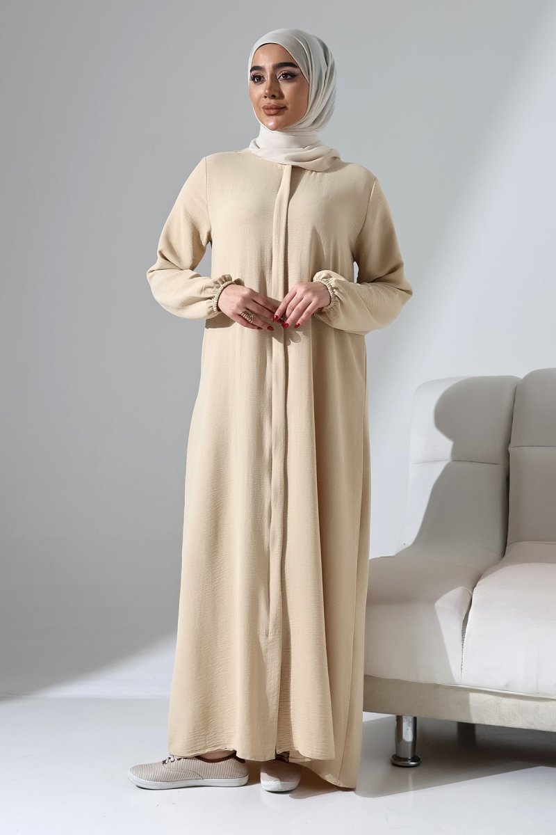 Women's Cream Aerobin Hidden Zipper Hajj and Umrah Outfit, Modest Abaya - ihvan