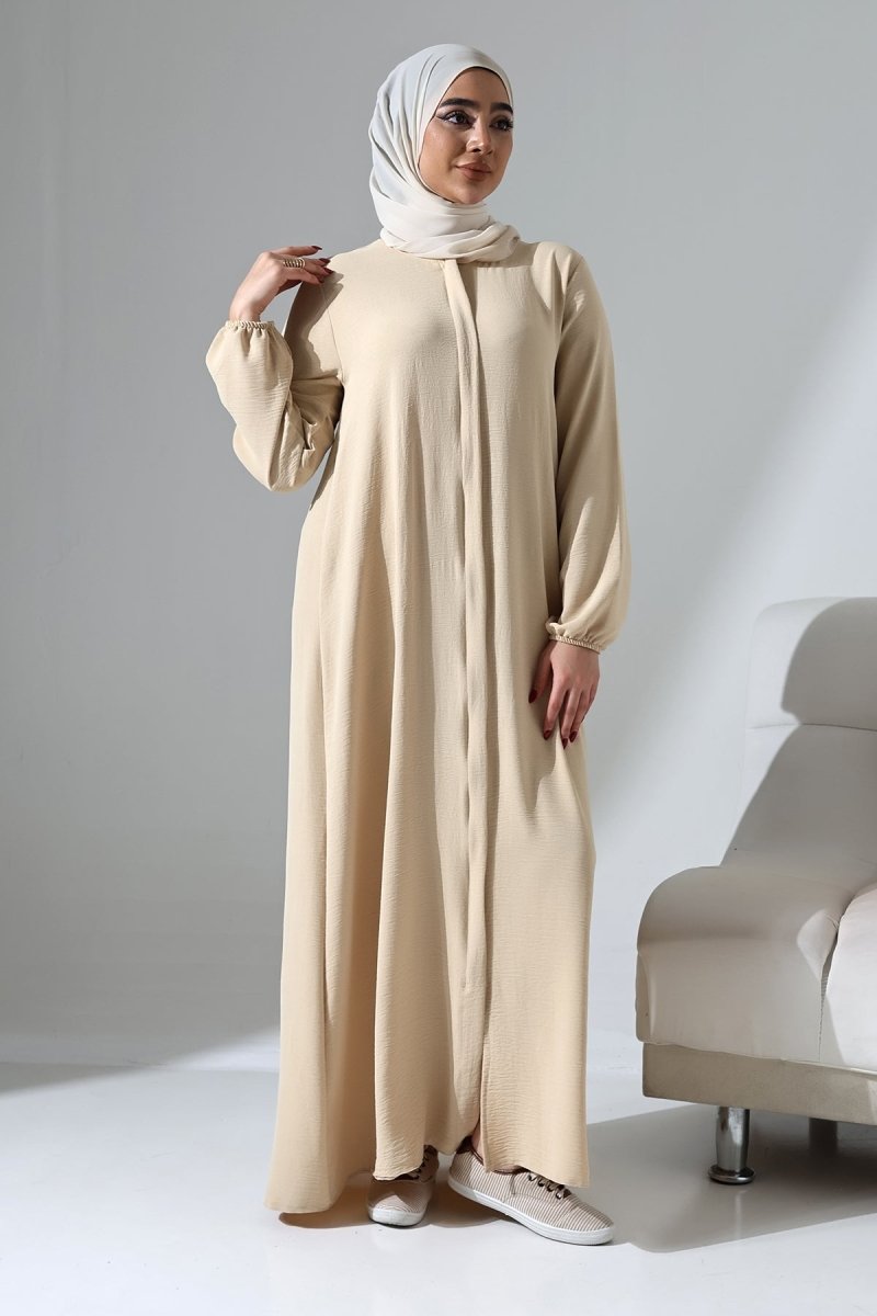 Women's Cream Aerobin Hidden Zipper Hajj and Umrah Outfit, Modest Abaya - ihvan
