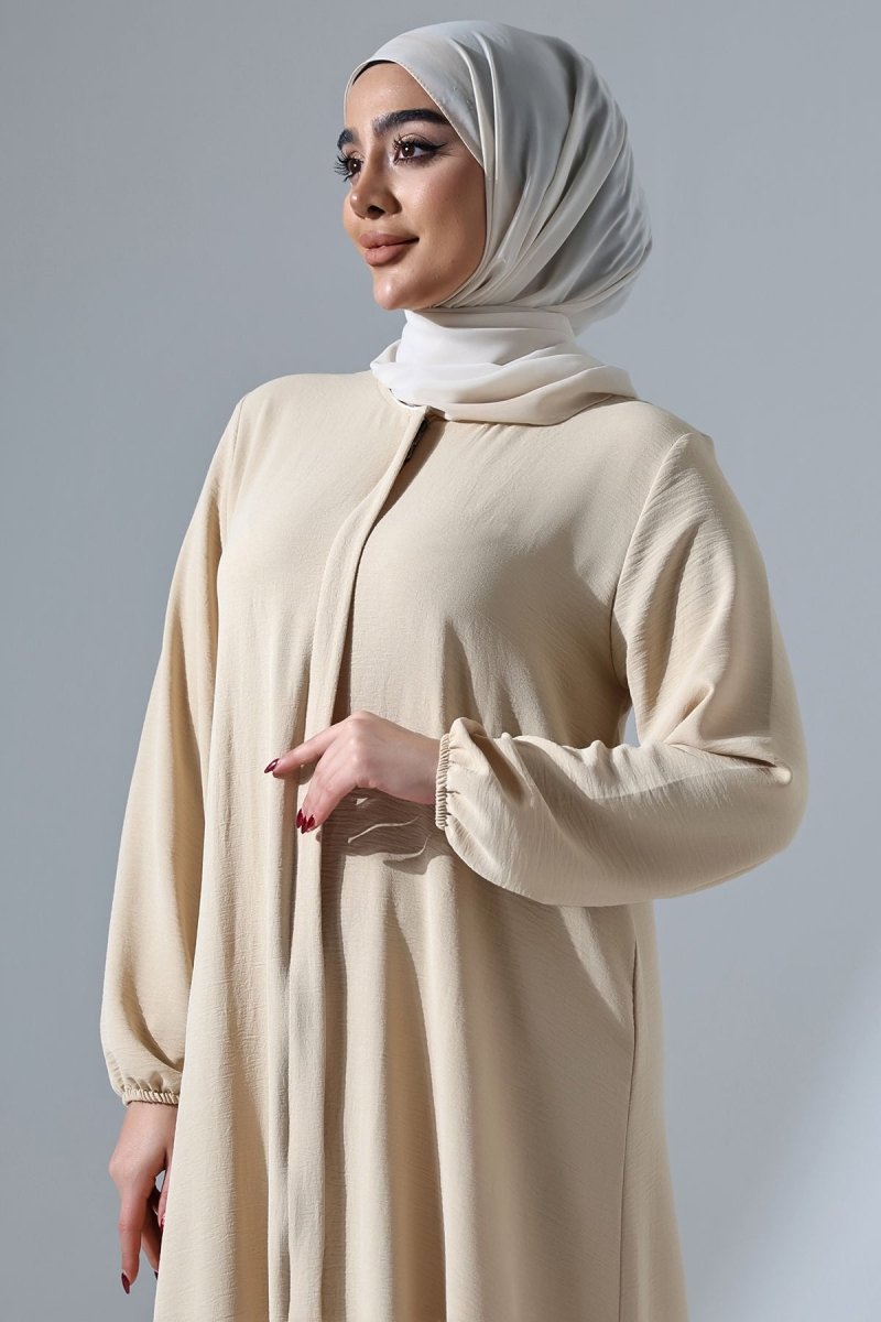 Women's Cream Aerobin Hidden Zipper Hajj and Umrah Outfit, Modest Abaya - ihvan