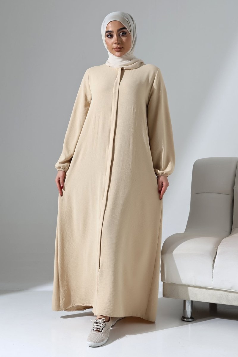 Women's Cream Aerobin Hidden Zipper Hajj and Umrah Outfit, Modest Abaya - ihvan